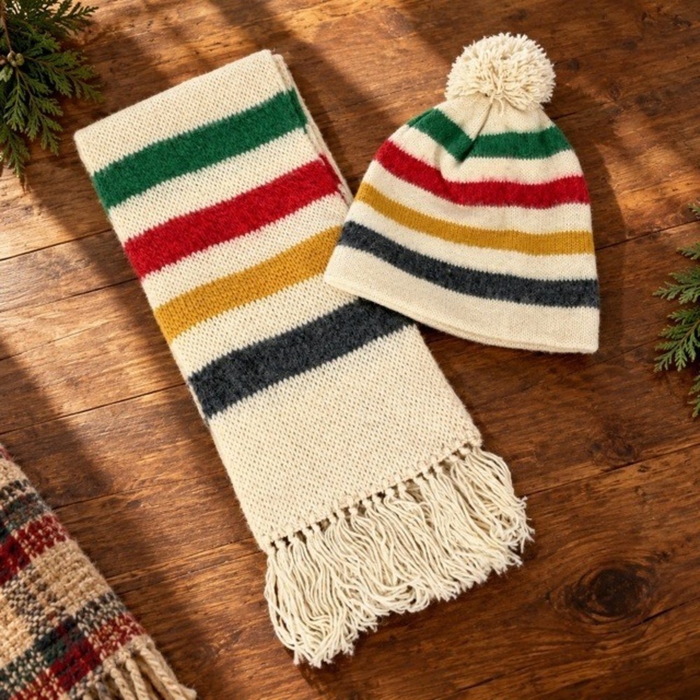 Vintage Lands' End Northwoods Wool Scarf Beanie Set Striped USA Made